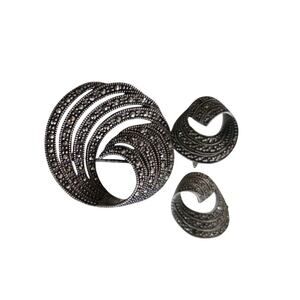 Vintage‎ 925 Sterling Silver Marcasite Brooch & Earrings Set